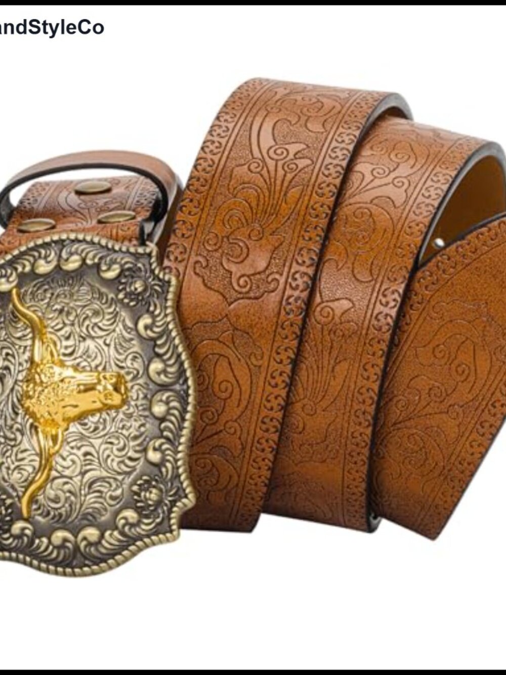 Western Cowboy Belt PU Leather Floral Longhorn Buckle Waist 25-38 - Picture 5 of 6